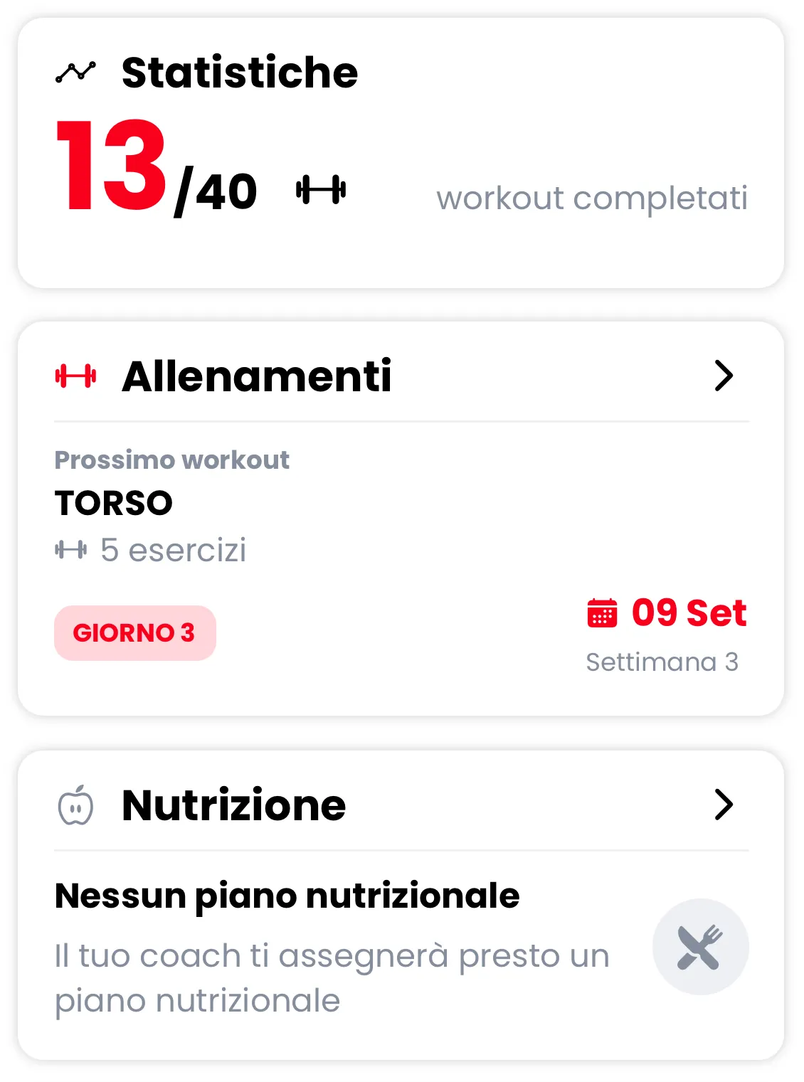 Schermata dell'app: tredici allenamenti completati su quaranta, il prossimo workout in programma e lo spazio del piano nutrizionale